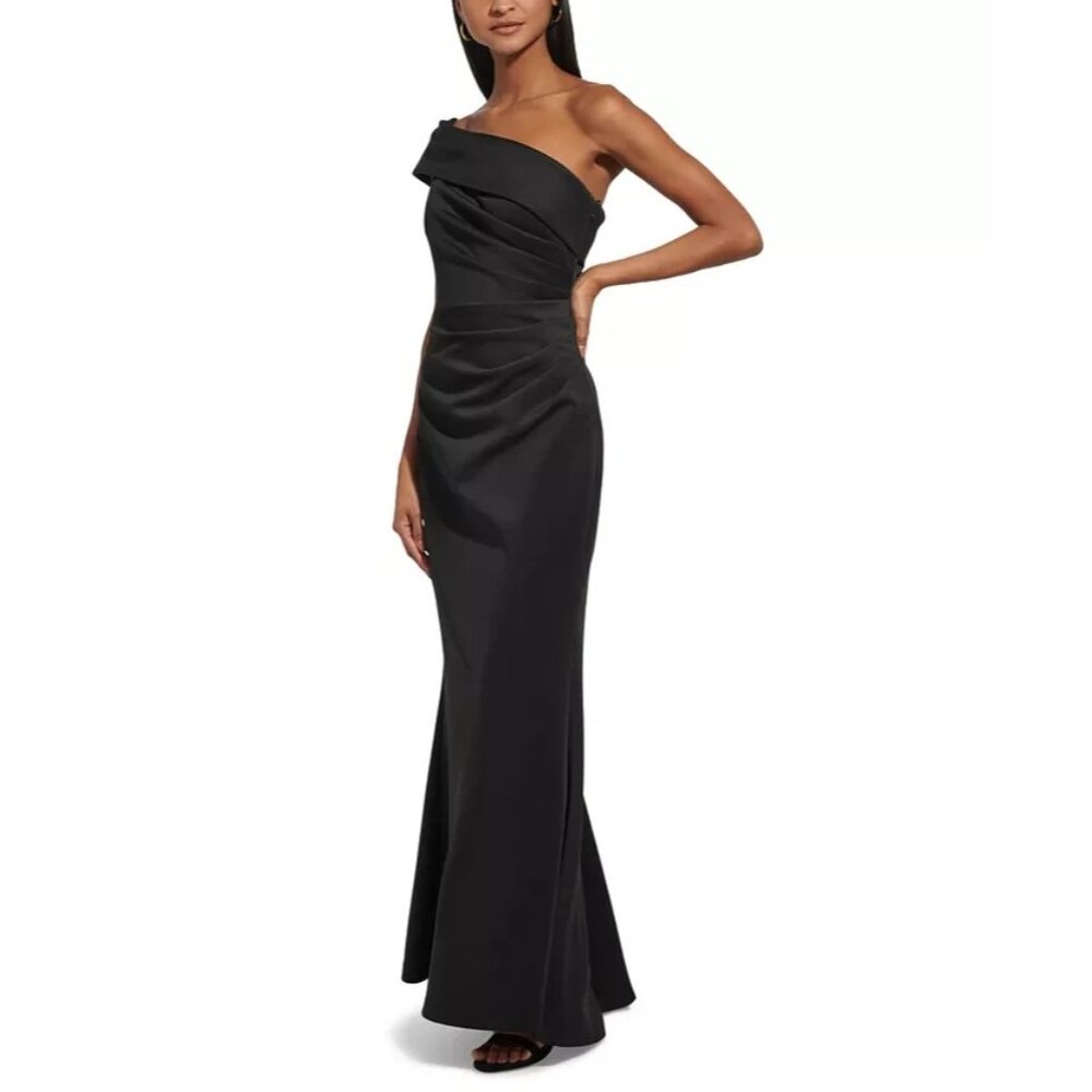 Eliza J Womens Black One Shoulder Draped Gown Size 10 Evening Formal Dress Polye